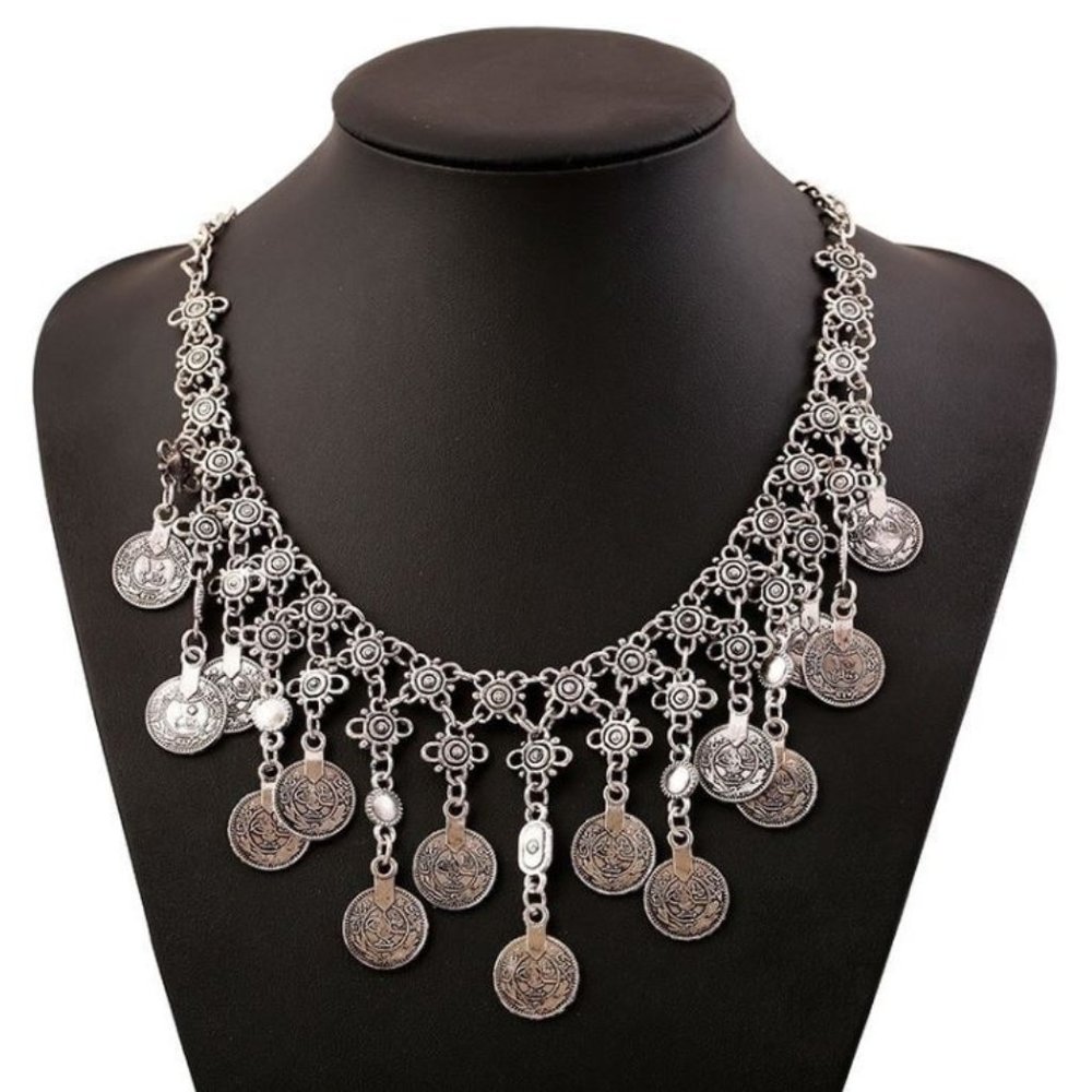 Bohemian Vintage Coins Tassel Statement Necklace Women Ethnic Style Ancient